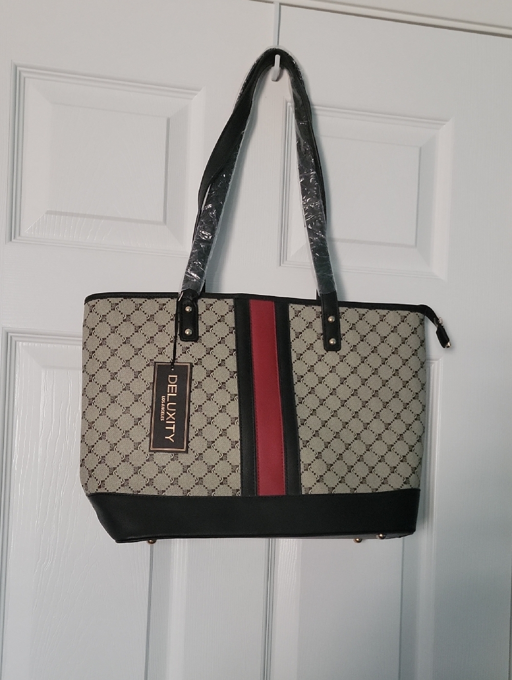 Deluxity Beige & Red Stripe Tote Bag by Deluxity